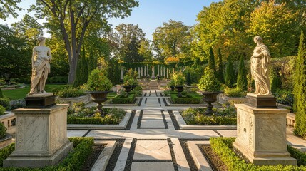 Obraz premium Elegant Garden with Statues and Lush Greenery at Sunset