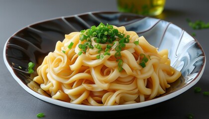 Delicious Schupfnudeln with Fresh Green Chives in Elegant Black Bowl