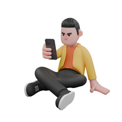 Designer Roles in Art Set 3D Model. A male designer sits cross-legged with his left hand touching the floor, and holding a mobile phone in his right hand, expression of relaxing. Cartoon Style