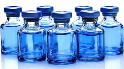 A row of blue-topped glass vials, elegantly arranged, showcasing a clean and modern aesthetic.