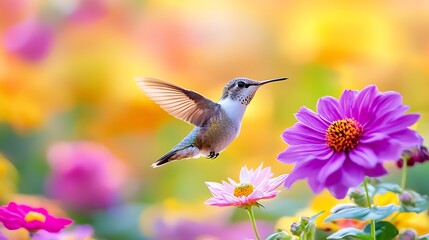 Hummingbird in flight hovering near colorful flowers in a garden.