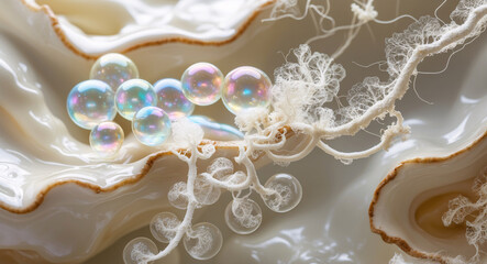 A close-up of a delicate, swirling, white lace-like structure with iridescent bubbles scattered around it