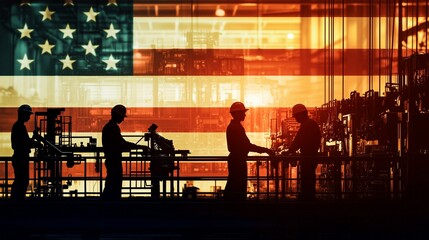 Silhouettes of factory workers operating equipment with the USA flag prominently displayed, symbolizing American industry, workforce, patriotism, and the spirit of American labor.