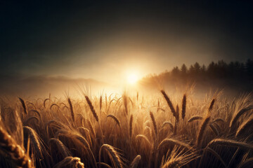 Generated image a golden wheat field covered in soft morning mist, with warm sunlight piercing through the fog. Dewdrops glisten on the wheat stalks, creating a serene and magical atmosphere.