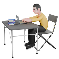Full Designer Workflow Characters 3D Model. A male designer set sits with a laptop on the table while typing on the keyboard with both hands. Cartoon Style