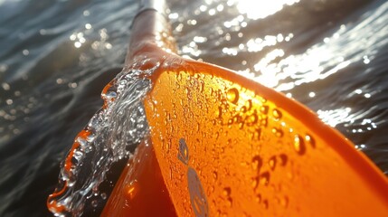 Close-up of orange kayak paddle cutting through sunlit water, creating splashes and droplets.