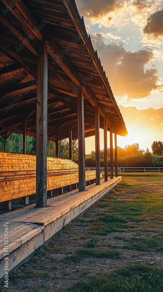Poster sunset over rustic wooden bleachers in open field setting