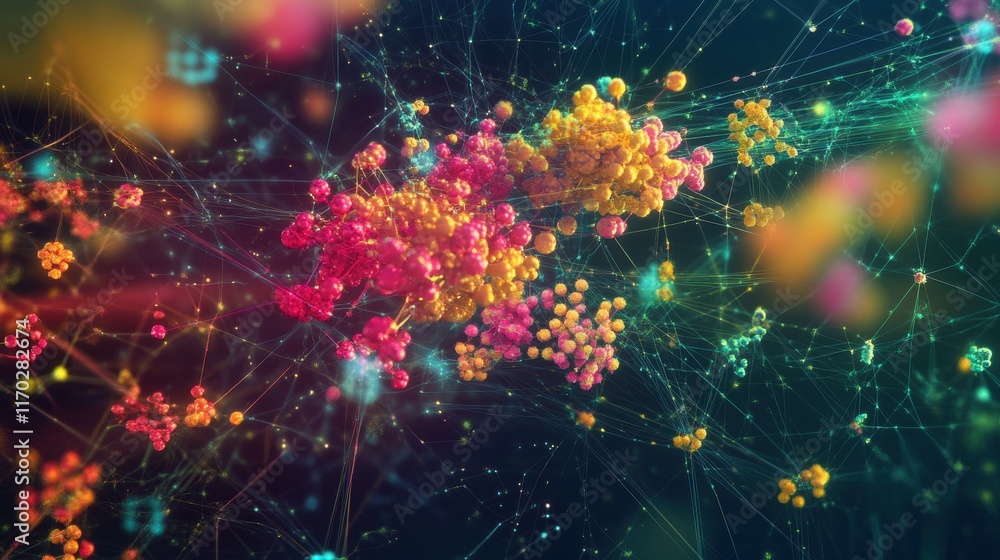 Poster dynamic colorful molecular animation digital space abstract visuals scientific exploration close-up 