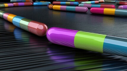 Fototapeta premium A colorful array of capsules laid out on a textured surface, showcasing vibrant hues and a sense of depth.