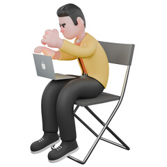 Designer Skills Set Characters 3D Model. A male designer set sits with a laptop on his lap and his right hand wants to close the laptop, and his left hand is clenched. Cartoon Style