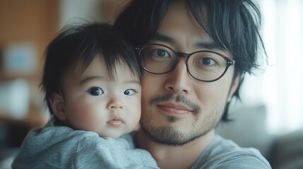 Close-up portrait of a father gently holding his baby.