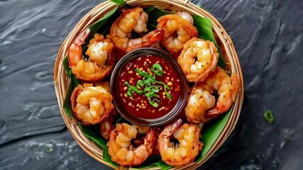 Golden-fried shrimp served with a flavorful spicy dipping sauce. Perfect for appetizers, parties, or a seafood feast.