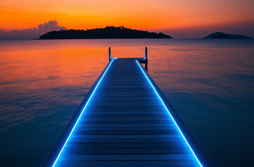 A long wooden pier lit up with LED lights leads into the ocean at sunset, with an island in view...