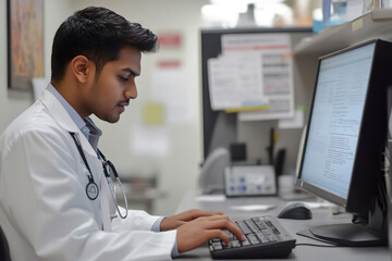 A medical student working on a detailed case report at a desk. They are typing on a computer and reviewing medical records