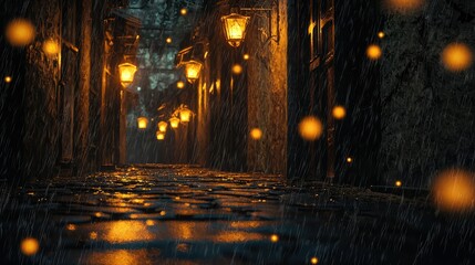 Enchanted Rainy Alley with Lanterns and Magical Orbs at Night