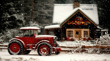 A red tractor in a snowy landscape near a cozy cabin.