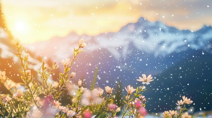 Snowy Mountain Landscape with Colorful Flowers at Sunset Glow