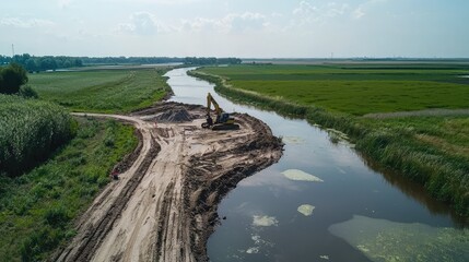 Excavator Digs Soil Along Riverbank in Rural Landscape During Daylight