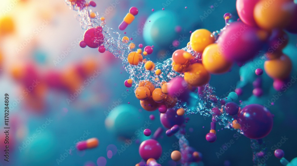 Poster dynamic molecular interaction abstract digital space 3d visualization colorful environment close-up 