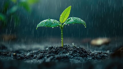 Small Green Plant Growing in Rainy Environment with Water Drops