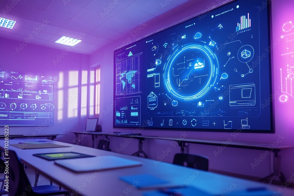 Poster a modern classroom equipped with iot enabled educational tools connected to a central software