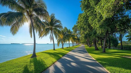coastal path with lush palm trees and green grass 