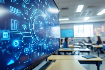 Fototapeta premium Connected Classroom IoT Powered Digital Learning Environment with Interactive Software Display