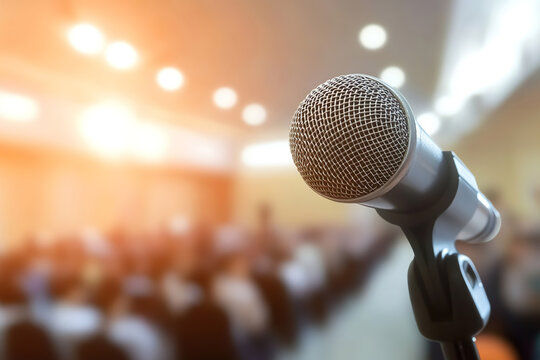 A public speaker addresses an audience, with a microphone and presentation slides enhancing their message