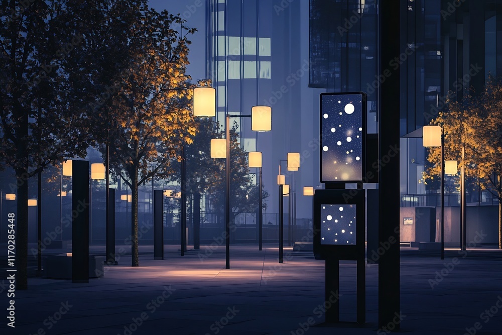 Poster modern urban setting with futuristic iot sensors and connectivity visualization on tablet interface