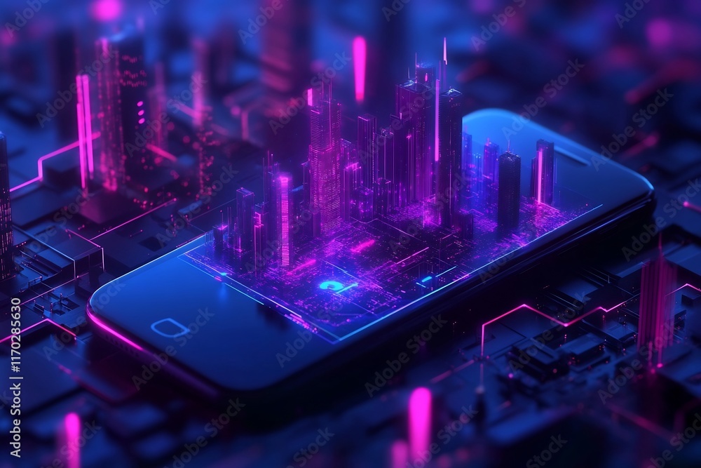 Poster futuristic cityscape with interconnected iot sensors and smartphone data visualization