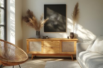 Wooden sideboard with slatted door panels, three drawers, and two doors in modern apartment interior. Gray sofa, decorative objects, and rattan chair creating a cozy atmosphere.