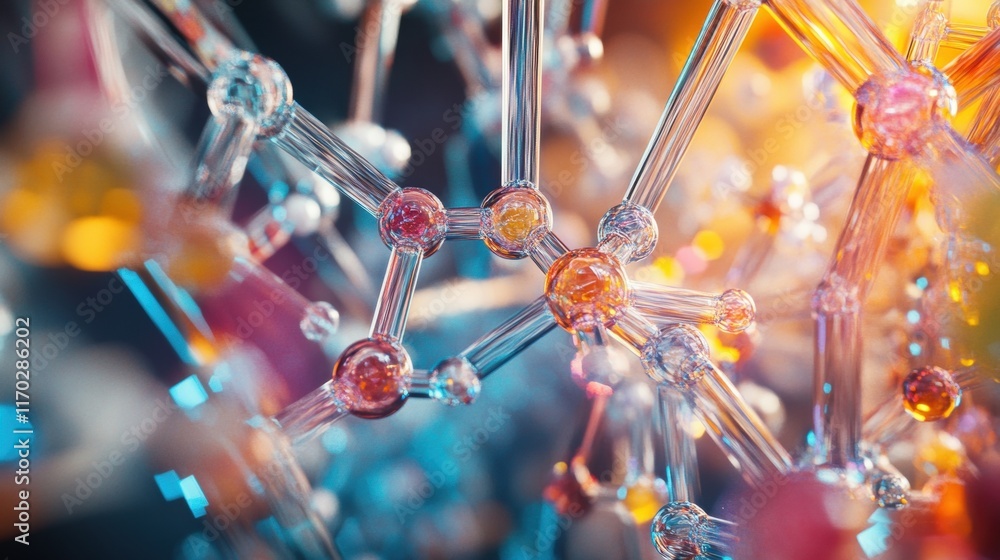 Poster exploring molecular structures laboratory scientific visualization colorful environment close-up vie