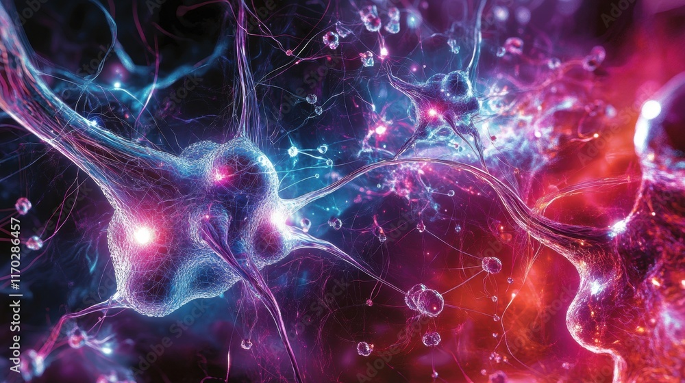 Poster exploring neural connections and synapses in a colorful abstract visualization science lab digital a