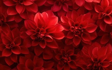 A vibrant arrangement of deep red flowers displays intricate petals, creating a rich and lush floral backdrop.