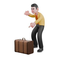Full Designer Workflow Characters 3D Model. A male designer set stands with his right hand waving, and his left hand points towards the bag in front of him, an expression of telling. Cartoon Style