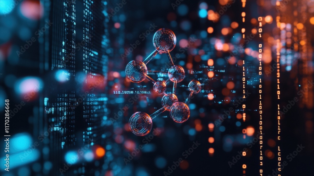 Poster exploring molecular structures digital realm 3d visualization high-tech environment futuristic persp