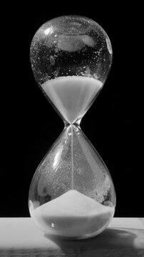 Vertical desaturated shot of sand falling through hourglass bottle-neck