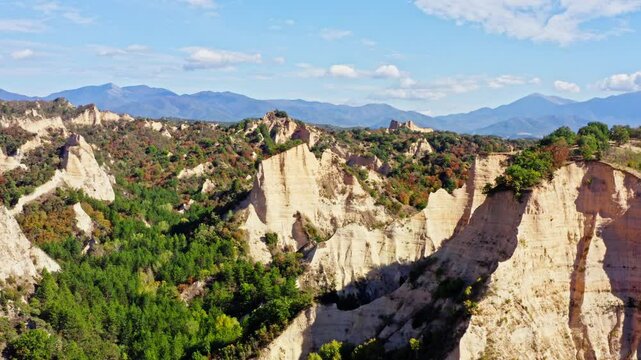 Drone push shot to sand rock formation Pirin mountain landscape