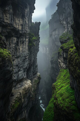 A deep canyon with vertical cliffs covered in green grass, shrouded in mist, with a narrow river flowing through