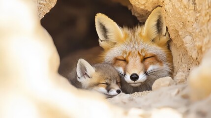 Fototapeta premium A fox nursing her kits in a hidden den.