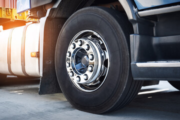 Front of Truck Wheels Tires. Chrome Wheels. Tractor Truck, Lorry Diesel Truck. Freight Truck Logistics Transportation.	
