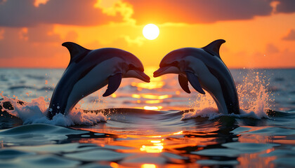 Fototapeta premium Dolphins Dancing in Sunset Spray