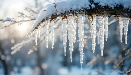 Obraz premium Detailed view of icicles hanging from a tree branch, sparkling in the winter light.
