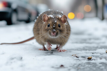 a small mouse walking through the snow in the wintertime time, looking at the camera lens and head