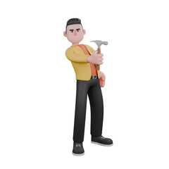 Designer Skills Set Characters 3D Model. A male designer set stands with his body slightly back while carrying a hammer in his right hand. Cartoon Style