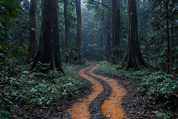 Fototapeta premium Winding dirt road through a misty rainforest.