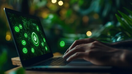 A person types on a laptop amidst green plants, with glowing digital icons illuminating the screen, suggesting themes of technology and nature.