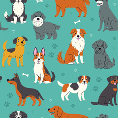 Seamless pattern with cute dogs, footprints and bones on a green background. Vector graphics.
