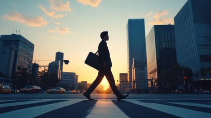 Fototapeta premium Silhouette of Businessman Walking at Sunset in City