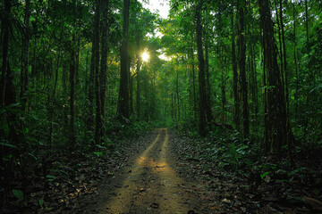 Obraz premium Dirt road through lush green tropical rainforest with sun peeking through trees.